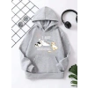 Çocuk Unisex Kapüşonlu Kedicik Baskılı Pamuklu Sweatshirt - Gri