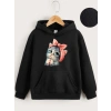 Çocuk Unisex Kapüşonlu Tatlı Kedi Baskılı Sweatshirt - Siyah