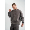 Erkek 3 İplik Pamuklu Yağ Yıkamalı Sweatshirt Double Oversize Bisiklet Yaka Uzun Kol - Füme