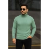 Erkek Balıkcı Yaka Bağazlı Triko Kazak Pamuklu Kalın Fitilli Dokuma, Regular Fit Uzun Kollu Kışlık Model - Mint Yeşili