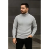 Erkek Balıkcı Yaka Bağazlı Triko Kazak Pamuklu Kalın Fitilli Dokuma, Regular Fit Uzun Kollu Kışlık Model - Gri