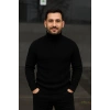 Erkek Balıkcı Yaka Bağazlı Triko Kazak Pamuklu Kalın Fitilli Dokuma, Regular Fit Uzun Kollu Kışlık Model - Siyah