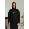 Erkek Baskılı Oversize Üç İplik Kapüşonlu Sweatshirt - Siyah