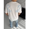 Erkek Yıldırım Şimşek Baskılı T-Shirt Kısa Kol Bisiklet Yaka Tişört - Beyaz