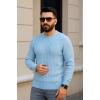 Erkek Bisiklet Yuvarlak Yaka Triko Kazak Pamuklu Kalın Fitilli Dokuma, Regular Fit Uzun Kollu Kışlık Model - Bebe Mavisi