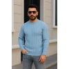Erkek Bisiklet Yuvarlak Yaka Triko Kazak Pamuklu Kalın Fitilli Dokuma, Regular Fit Uzun Kollu Kışlık Model - Bebe Mavisi