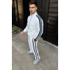 Erkek Çift Şeritli Eşofman Takım Dik Yaka Fermuarlı Sweatshirt Boru Paça Alt, Oversize 3 iplik Pamuklu - Beyaz