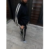 Erkek Çift Şeritli Eşofman Takım Dik Yaka Fermuarlı Sweatshirt Boru Paça Alt, Oversize 3 iplik Pamuklu - Siyah