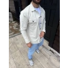 Erkek Diagonal Kumaş Cepli Çıtçıtlı uzun Kollu, Gömlek Oversize Rahat Kalıp Günlük Şık Stil - Beyaz