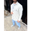 Erkek Diagonal Kumaş Cepli Çıtçıtlı uzun Kollu, Gömlek Oversize Rahat Kalıp Günlük Şık Stil - Beyaz