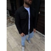 Erkek Diagonal Kumaş Cepli Çıtçıtlı uzun Kollu, Gömlek Oversize Rahat Kalıp Günlük Şık Stil - Siyah