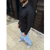 Erkek Diagonal Kumaş Cepli Çıtçıtlı uzun Kollu, Gömlek Oversize Rahat Kalıp Günlük Şık Stil - Siyah