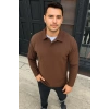 Erkek Fitilli Polar Sweatshirt – Düğmesiz Polo Yaka, Oversize Rahat Kalıp, Kalın Polar Kumaş, Kışlık ve Baharlık Şık Günlük Üst - Kahverengi