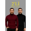 Erkek Fitilli Triko Kazak 2li Set Bordo Siyah Regular Balıkcı Yaka Tam Boğazlı Triko Seti Modeli Kazak