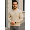 Erkek Fitilli Triko Kazak 2’li Set Bej Beyaz Kalın Dokuma Pamuklu Regular Fit Bisiklet