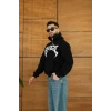 Erkek Kapüşonlu 3 İplik Şardonlu Önü Baskılı Fermuarlı Oversize Sweatshirt - Siyah