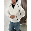 Erkek Oversize Dik Yaka Fermuarlı Sweatshirt - Zincir Nakışli Kanguru Cepli - Beyaz