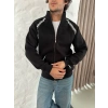 Erkek Oversize Dik Yaka Fermuarlı Sweatshirt - Zincir Nakışli Kanguru Cepli - Siyah