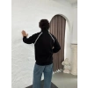 Erkek Oversize Dik Yaka Fermuarlı Sweatshirt - Zincir Nakışli Kanguru Cepli - Siyah