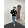 Erkek Oversize Dik Yaka Fermuarlı Sweatshirt - Zincir Nakışli Kanguru Cepli - Siyah