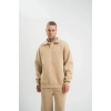 Erkek Patlı Yaka Üç İplik Pamuklu Sweatshirt Double Oversize Rahat Kalıp Günlük Kullanım – Bej