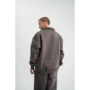 Erkek Patlı Yaka Üç İplik Pamuklu Sweatshirt Double Oversize Rahat Kalıp Günlük Kullanım - Füme
