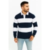 Erkek Polo Yaka Uzun Kollu Çizgili Sweatshirt Trend Rugby Stil - Lacivert