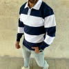 Erkek Polo Yaka Uzun Kollu Çizgili Sweatshirt Trend Rugby Stil - Lacivert