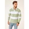 Erkek Polo Yaka Uzun Kollu Çizgili Sweatshirt Trend Rugby Stil - Mint Yeşili