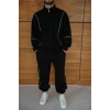 Erkek Premium Parçalı Eşofman Takım - Dik Yaka Fermuarlı Biyeli Sweatshirt Lastik Paça Alt, Oversize 3 iplik Şardonlu - Siyah