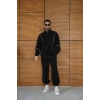 Erkek Premium Parçalı Eşofman Takım - Dik Yaka Fermuarlı Biyeli Sweatshirt Lastik Paça Alt, Oversize 3 iplik Şardonlu - Siyah