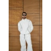 Erkek Premium Parçalı Eşofman Takım - Dik Yaka Fermuarlı Biyeli Sweatshirt Lastik Paça Alt, Oversize 3 iplik Şardonlu - Beyaz