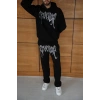 Erkek Premium Taş Baskılı Eşofman Takım Revenge Model (Siyah) Kapüşonlu Üst + Taşlı Baskılı Alt Modern Streetwear Tarzı Oversize Rahat Kalıp 3 iplik Pamuklu - Siyah