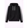 Erkek Şeritli Kapüşonlu Sweatshirt Oversize 3 iplik Pamuklu - Siyah