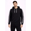 Erkek Şeritli Kapüşonlu Sweatshirt Oversize 3 iplik Pamuklu - Siyah