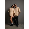 Erkek Oversize Tişört – Beyaz 24/1 Penye Kumaş, Bisiklet Yaka, Ön & Arka Baskılı, Streetwear Tarzı Rahat Büyük Kalıp T-Shirt - Bej