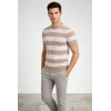 Erkek T-shirt Çizgili Triko Dokuma Bisiklet Yaka Tişört - Bej