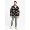 Erkek Tam Fermuarlı Desenli Polar Sweat – Siyah Multicolor Figür Desen Yakalı, Uzun Kollu, Oversize Rahat Kalıp- Siyah