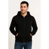 Erkek Üç İplik Kapüşonlu Tam Fermuarlı Kanguru Çepli SweatShirt Hoodie - Siyah