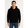 Erkek Üç İplik Kapüşonlu Tam Fermuarlı Kanguru Çepli SweatShirt Hoodie - Siyah