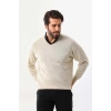 Erkek V Yaka Kazak Uzun Kol Düz Dokuma Triko - Krem
