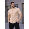 Erkek Waffle Dokuma Açık Yakalı Düğmeli Regular Kalıp 2’li Gömlek Seti - Haki & Bej
