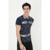 Erkek Yakalı Slim Fit Baskılı T-Shirt - Lacivert
