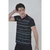 Erkek Yakalı Slim Fit Pike Çizgili T-Shirt - Siyah