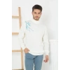 Erkek Yarım Bağazlı Kazak Baskılı Dokuma Triko - Beyaz