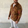 Erkek Yarım Fermuarlı Desenli Polar Sweat Tribal Etnik Desen Yakalı, Uzun Kollu, Oversize Rahat Kalıp, - Kahverengi