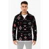 Erkek Yarım Fermuarlı Desenli Polar Sweat Tribal Etnik Desen Yakalı, Uzun Kollu, Oversize Rahat Kalıp, - Siyah