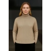 Kadın Balıkcı Yaka Bağazlı Triko Kazak Pamuklu Kalın Fitilli Dokuma - Bej