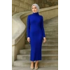 Kadın Boğazlı Uzun Fitilli Tesettüre Uygun Triko Dokuma Elbise - Saks Mavisi