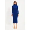 Kadın Boğazlı Triko Elbise – Uzun Fitilli Esnek Dokuma, Tam Kalıp, Kışlık & Baharlık Şık Rahat Stil, 130 cm Midi Boy Elbise - Saks Mavisi